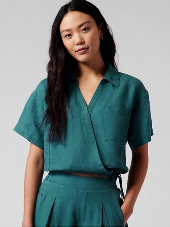 Athleta Tops - Athleta Teal Linen Wrap Blouse Size Xsmall